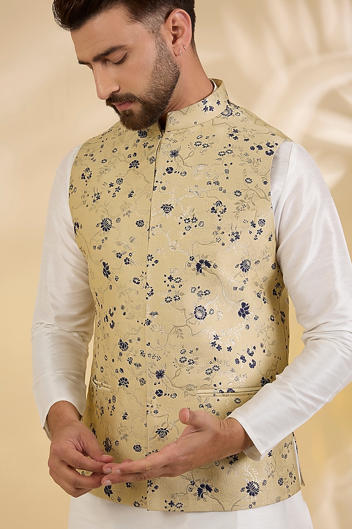 Beige Brocade Silk Zari Printed Bundi Jacket by RNG Safawala Men at Pernia's Pop Up Shop
