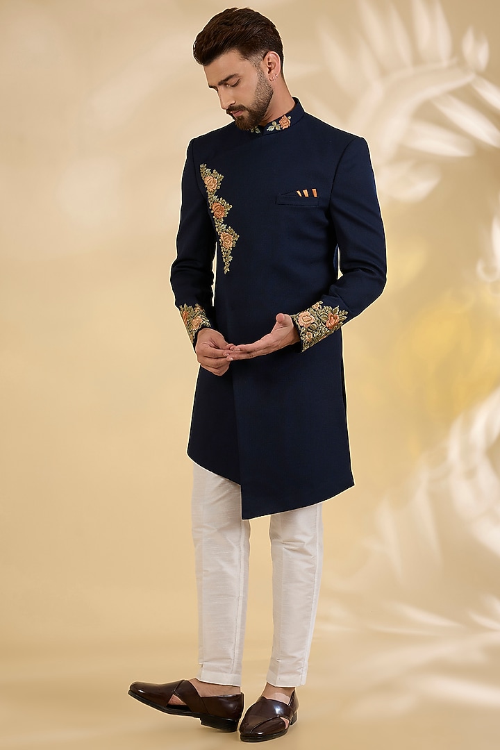 Blue French Terry Floral Thread Embroidered Achkan Set by RNG Safawala Men at Pernia's Pop Up Shop