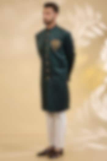 Bottle Green Suede Zari Embroidered Achkan Set by RNG Safawala Men at Pernia's Pop Up Shop