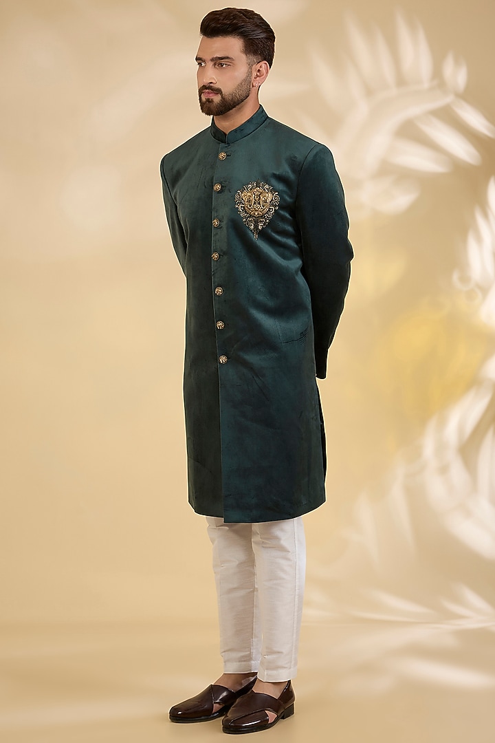 Bottle Green Suede Zari Embroidered Achkan Set by RNG Safawala Men at Pernia's Pop Up Shop