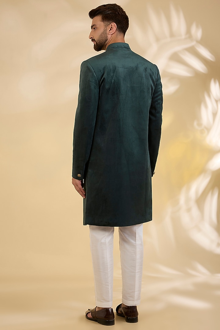 Bottle Green Suede Zari Embroidered Achkan Set by RNG Safawala Men at Pernia's Pop Up Shop