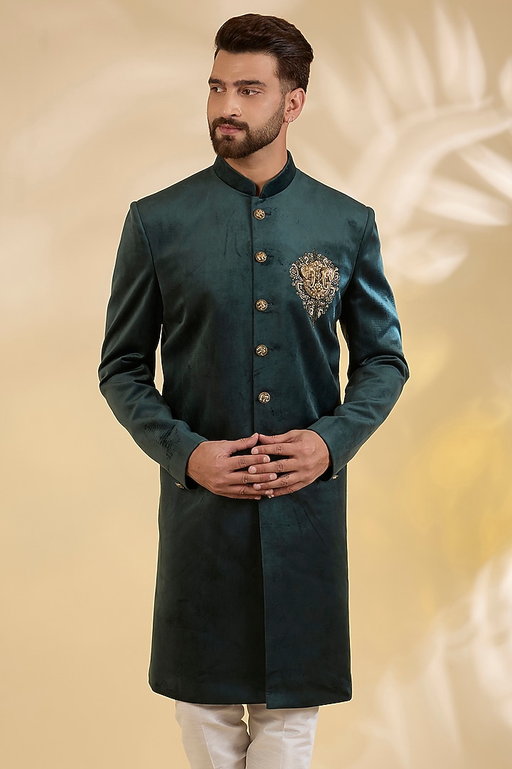 Bottle Green Suede Zari Embroidered Achkan Set by RNG Safawala Men at Pernia's Pop Up Shop