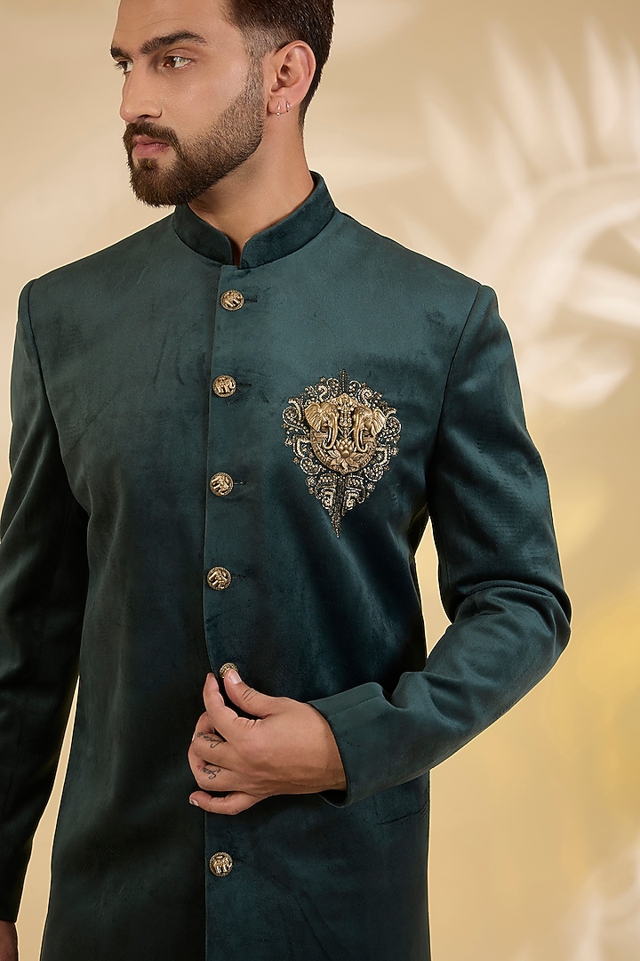 Bottle Green Suede Zari Embroidered Achkan Set by RNG Safawala Men at Pernia's Pop Up Shop