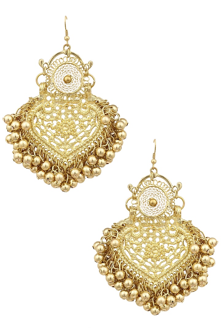 Gold Finish Mini Paan Leaf Ghungroo Earrings by Ritika Sachdeva