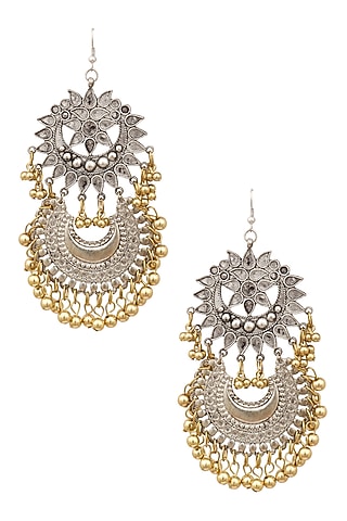 Silver Finish Floral Cutwork Crescent Gold Ghungroo Earrings by Ritika Sachdeva