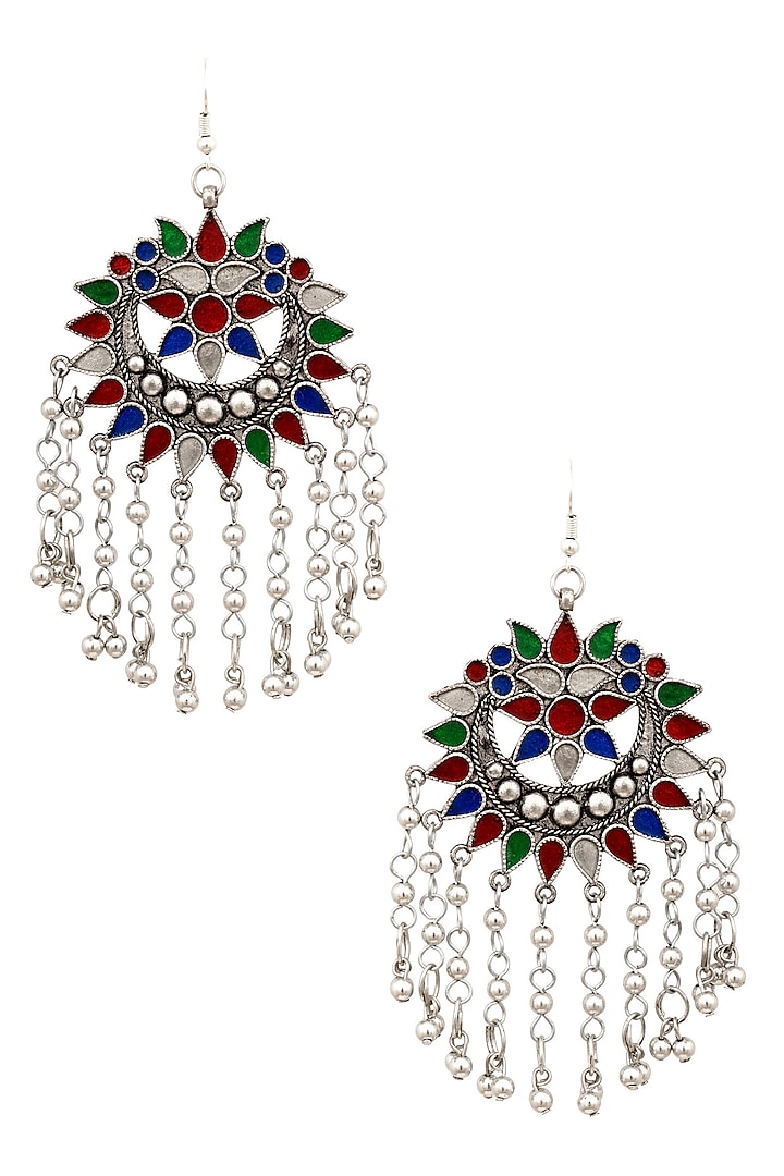 Silver Finish Multicolor Enamel Floral Cutwork Tassel Earrings by Ritika Sachdeva