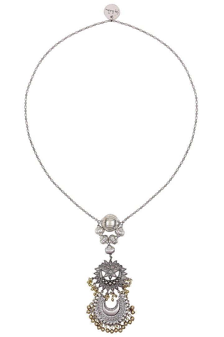 Silver Finish Floral Cutwork Crescent Motif Chain Necklace by Ritika Sachdeva
