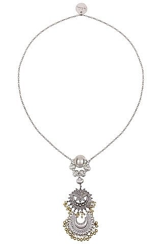 Silver Finish Floral Cutwork Crescent Motif Chain Necklace by Ritika Sachdeva