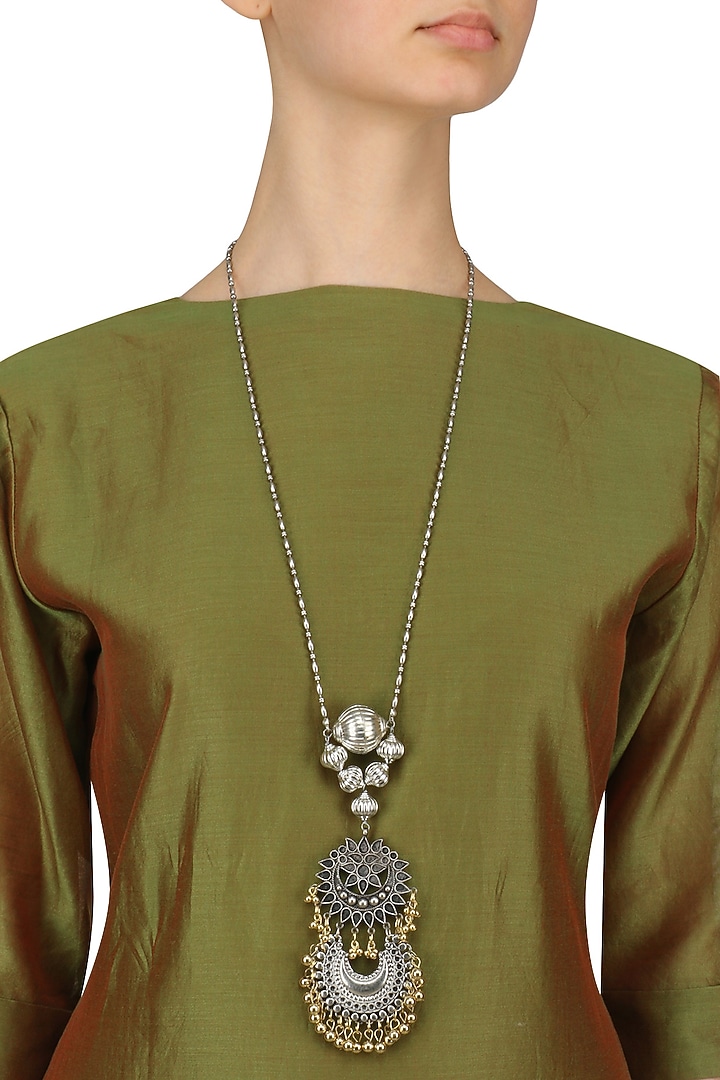 Ritika Sachdeva presents Silver finish floral cutwork crescent motif chain necklace available only at Pernia's Pop Up Shop.