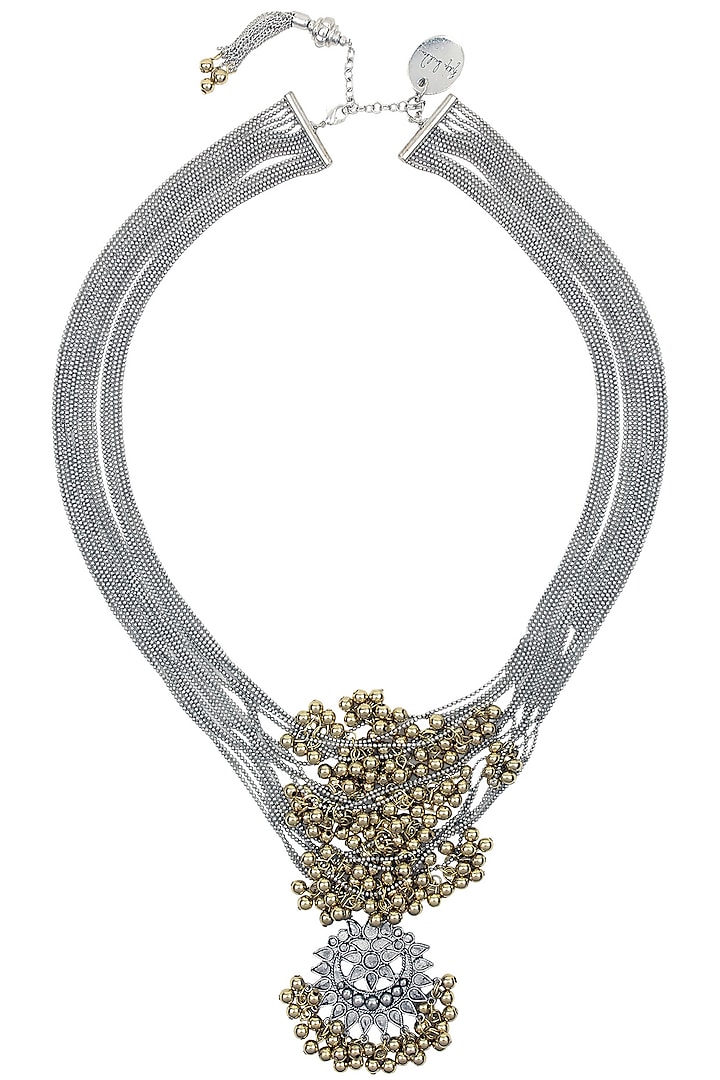 Silver Finish Floral Cutwork Pendant Multi Chains Necklace by Ritika Sachdeva