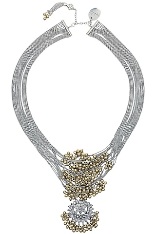 Silver Finish Floral Cutwork Pendant Multi Chains Necklace by Ritika Sachdeva
