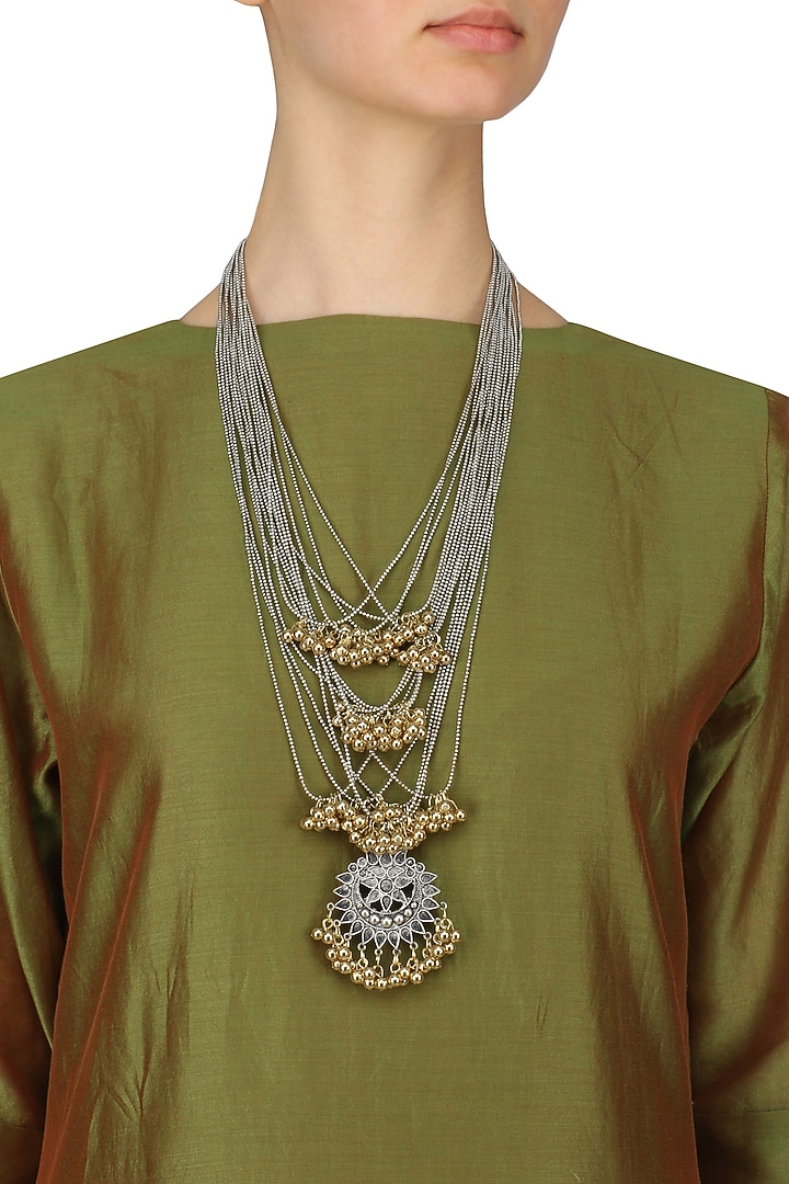 Ritika Sachdeva presents Silver finish floral cutwork pendant multi chains necklace available only at Pernia's Pop Up Shop.