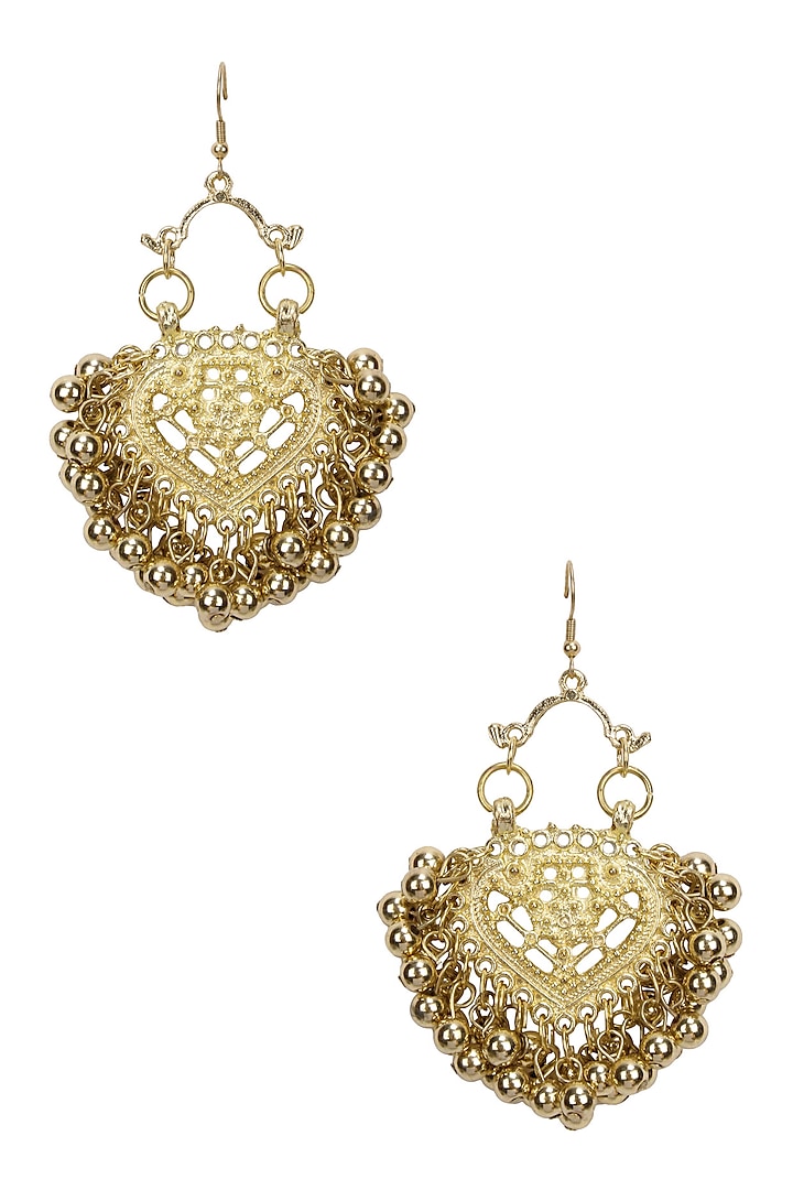 Gold Finish Embossed Paan Motif Earrings by Ritika Sachdeva