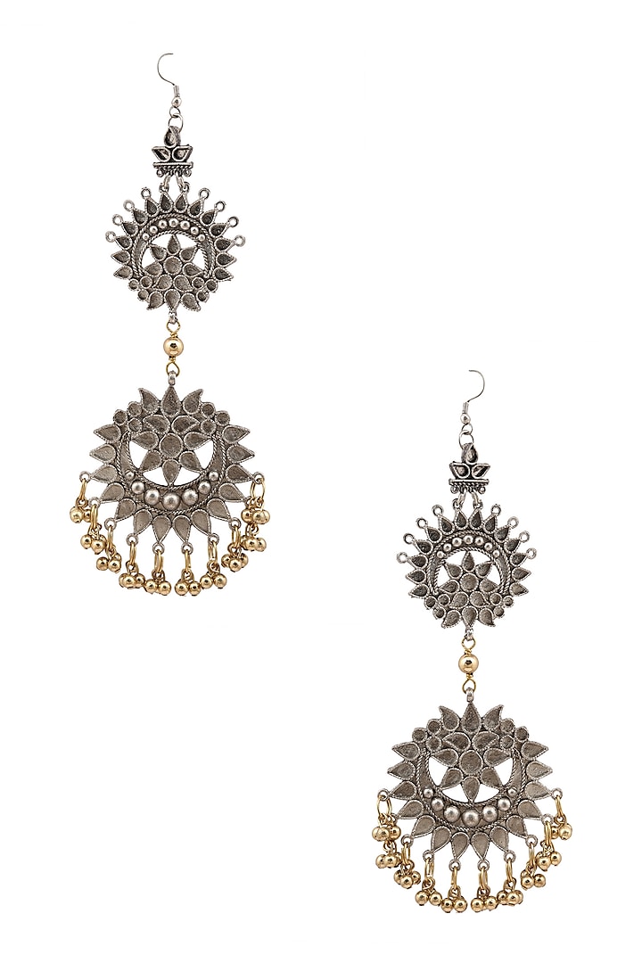 Silver Plated Double Cutwork Crescent Gold Ghungroos Earrings by Ritika Sachdeva