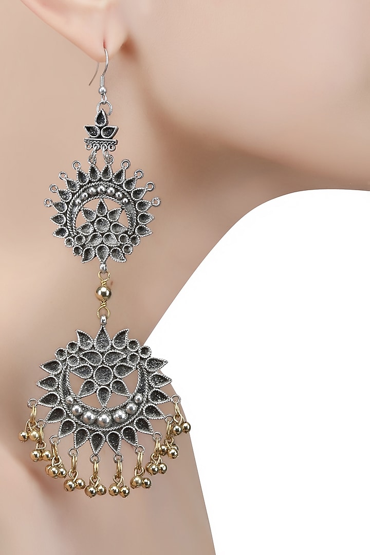 Ritika Sachdeva presents Silver plated double cutwork crescent gold ghungroos earrings available only at Pernia's Pop Up Shop.