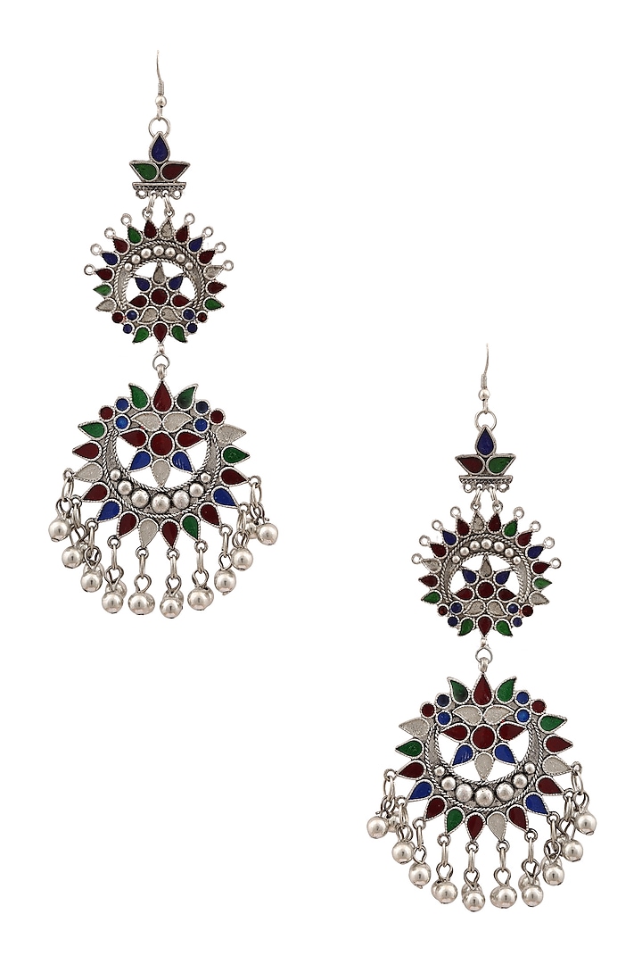 Silver Plated Double Meena Cutwork Earrings by Ritika Sachdeva