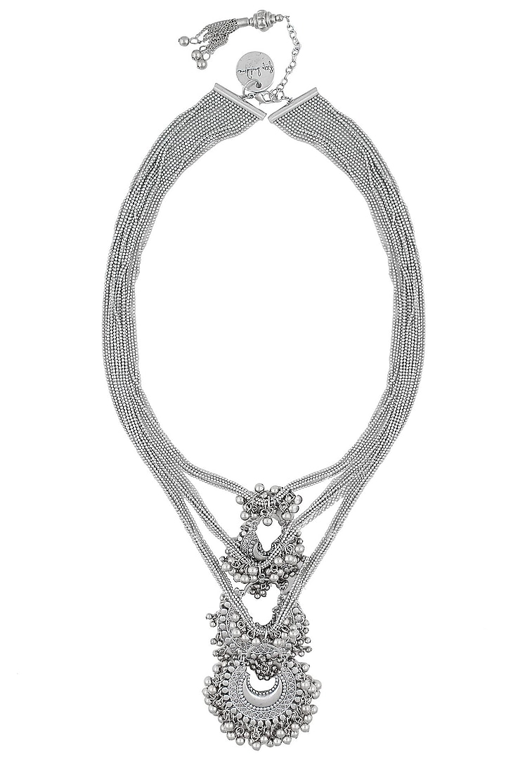 Silver Finish 3 Crescent Shaped Pendant Drop Multi Strand Necklace by Ritika Sachdeva