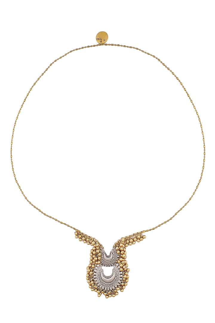 Gold And Silver Finish Twin Crescent Shaped Pendant Drop Necklace by Ritika Sachdeva