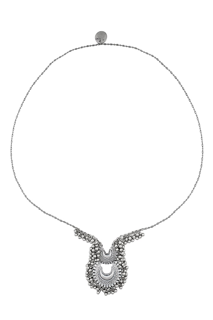 Silver Finish Twin Crescent Shaped Pendant Drop Necklace by Ritika Sachdeva