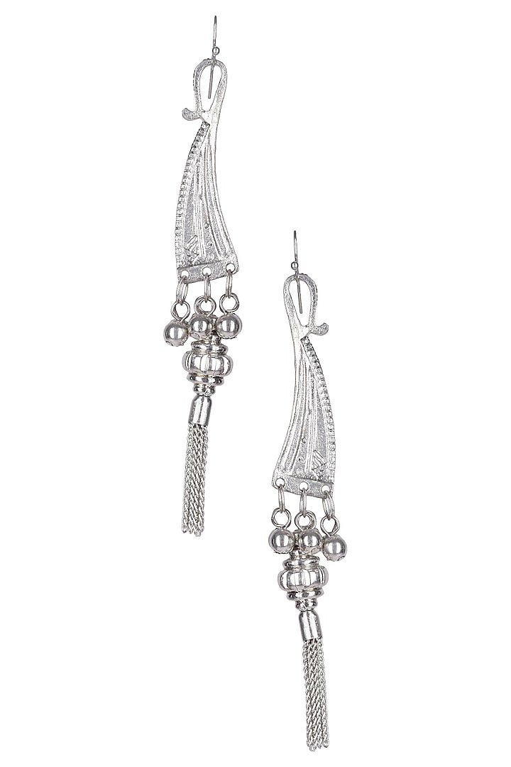 Silver Finish Dagger Head Fringe Earrings by Ritika Sachdeva