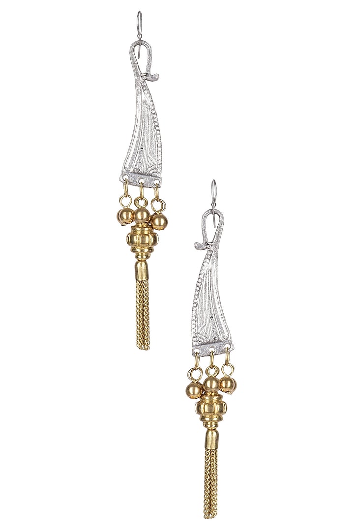 Gold And Silver Finish Dagger Head Fringe Earrings by Ritika Sachdeva