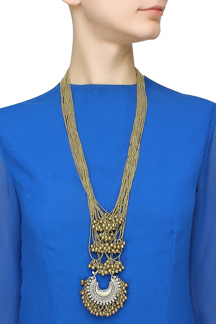 Antique gold and silver crescent ghungroo multiple strand necklace available only at Pernia's Pop Up Shop.