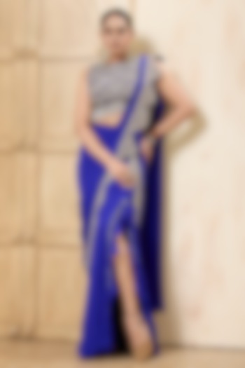 Royal Blue Georgette Draped Reception Saree Set by Rashi Kapoor at Pernia's Pop Up Shop