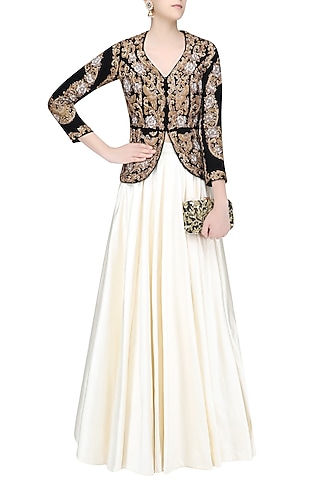Black and Gold Zardozi Velvet Embroidered Jacket and Plain Skirt Set by Rashi Kapoor