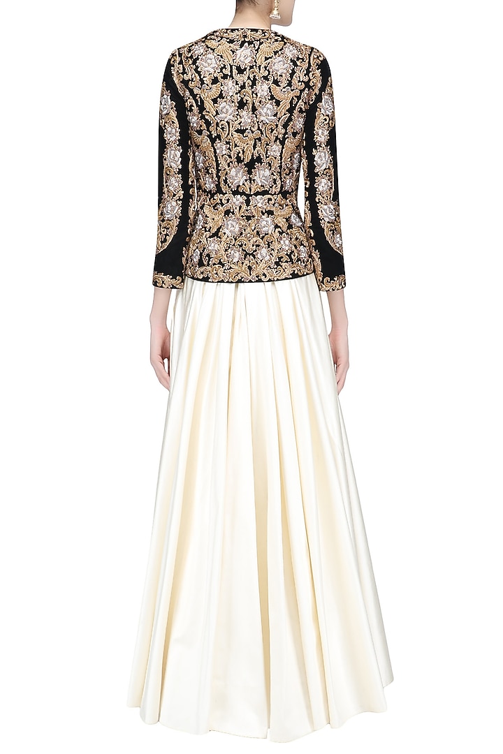 Black and gold zardozi velvet embroidered jacket and plain skirt set available only at Pernia's Pop Up Shop.
