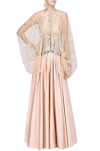 Nude Floral Work Textured Jacket and Skirt Set by Rashi Kapoor