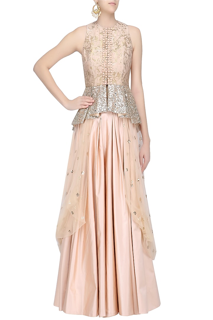 Nude floral work textured jacket and skirt set available only at Pernia's Pop Up Shop.