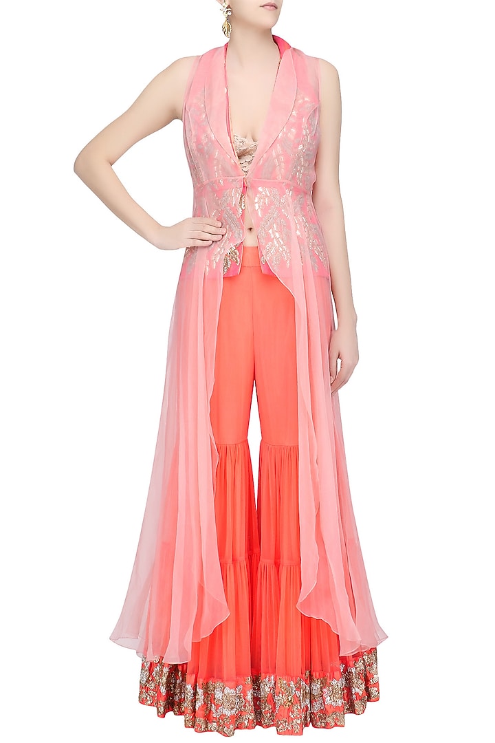 Coral and gold pita embroidered jacket and sharara pants set available only at Pernia's Pop Up Shop.