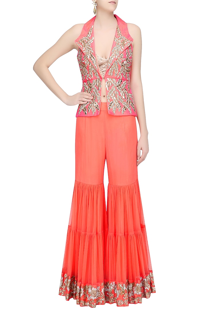 Coral and gold pita embroidered jacket and sharara pants set available only at Pernia's Pop Up Shop.