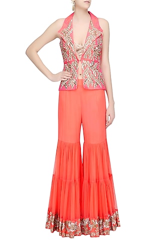Coral and Gold Pita Embroidered Jacket and Sharara Pants Set by Rashi Kapoor
