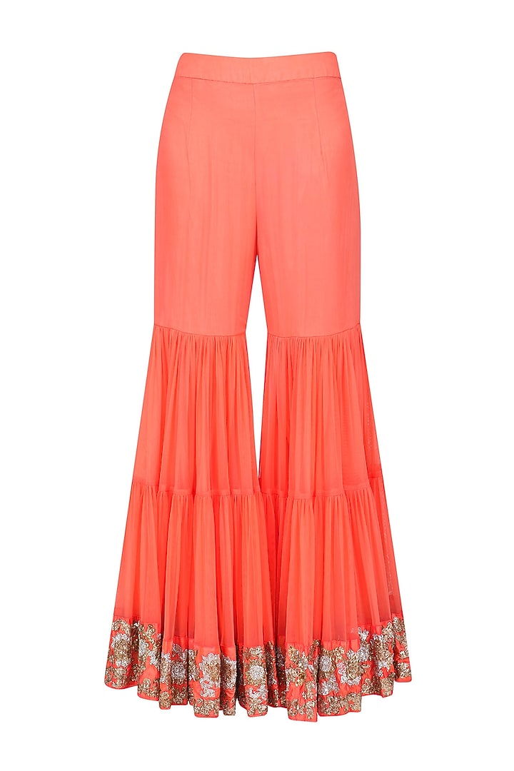 Coral and gold pita embroidered jacket and sharara pants set available only at Pernia's Pop Up Shop.