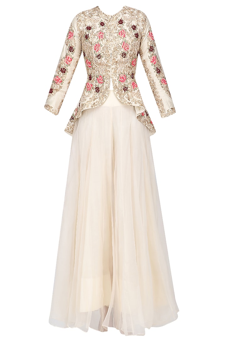 Off White Floral Embroidered Victorian Jacket and Skirt Set by Rashi Kapoor