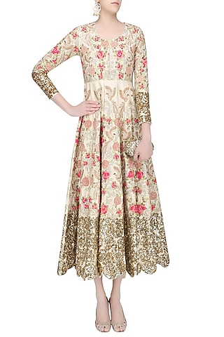 Champagne Gold Floral Zardozi and Sequins Embroidered Anarkali Kurta by Rashi Kapoor