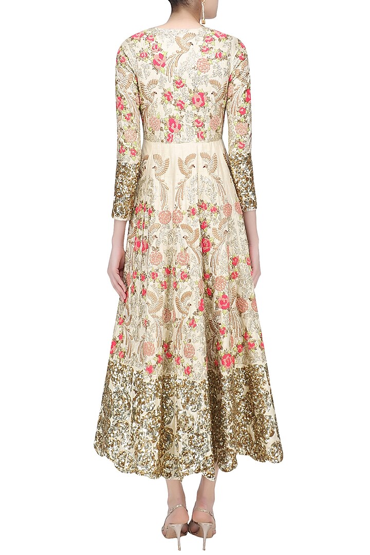 Champagne gold floral zardozi and sequins embroidered anarkali kurta available only at Pernia's Pop Up Shop.