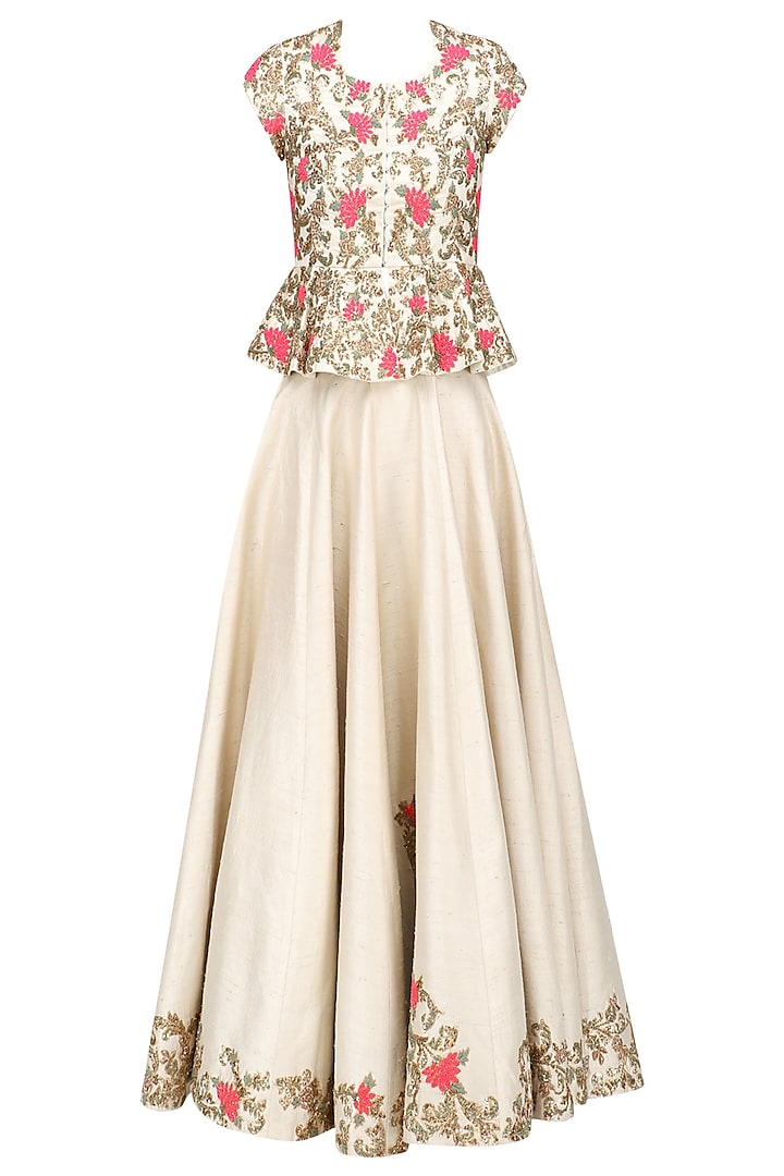 Champagne Gold and Pink Floral Embroidered Peplum Top and Skirt Set by Rashi Kapoor