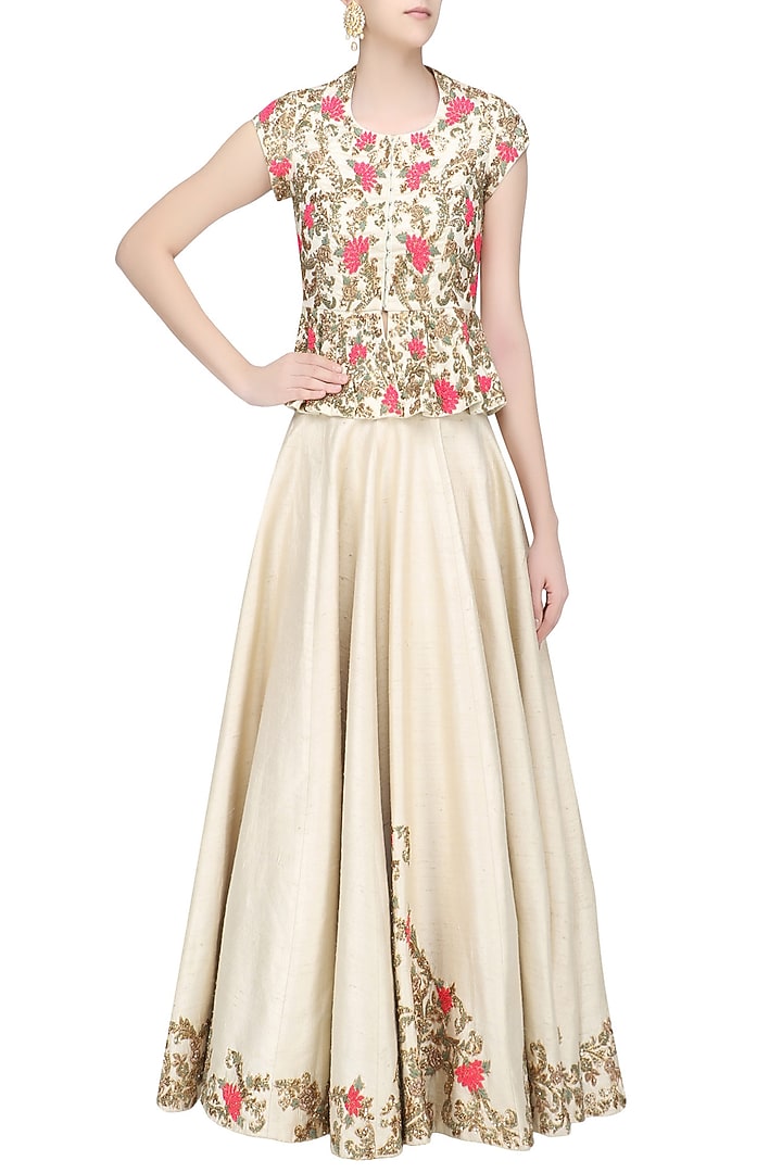 Champagne gold and pink floral embroidered peplum top and skirt set available only at Pernia's Pop Up Shop.
