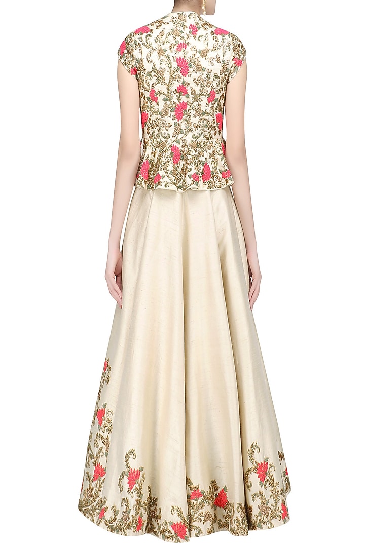 Champagne gold and pink floral embroidered peplum top and skirt set available only at Pernia's Pop Up Shop.