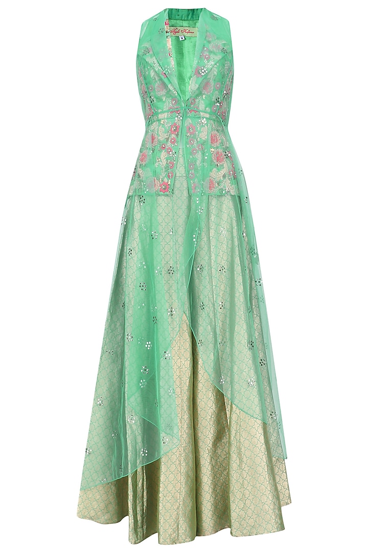 Green floral embroidered jacket and sharara pants set available only at Pernia's Pop Up Shop.