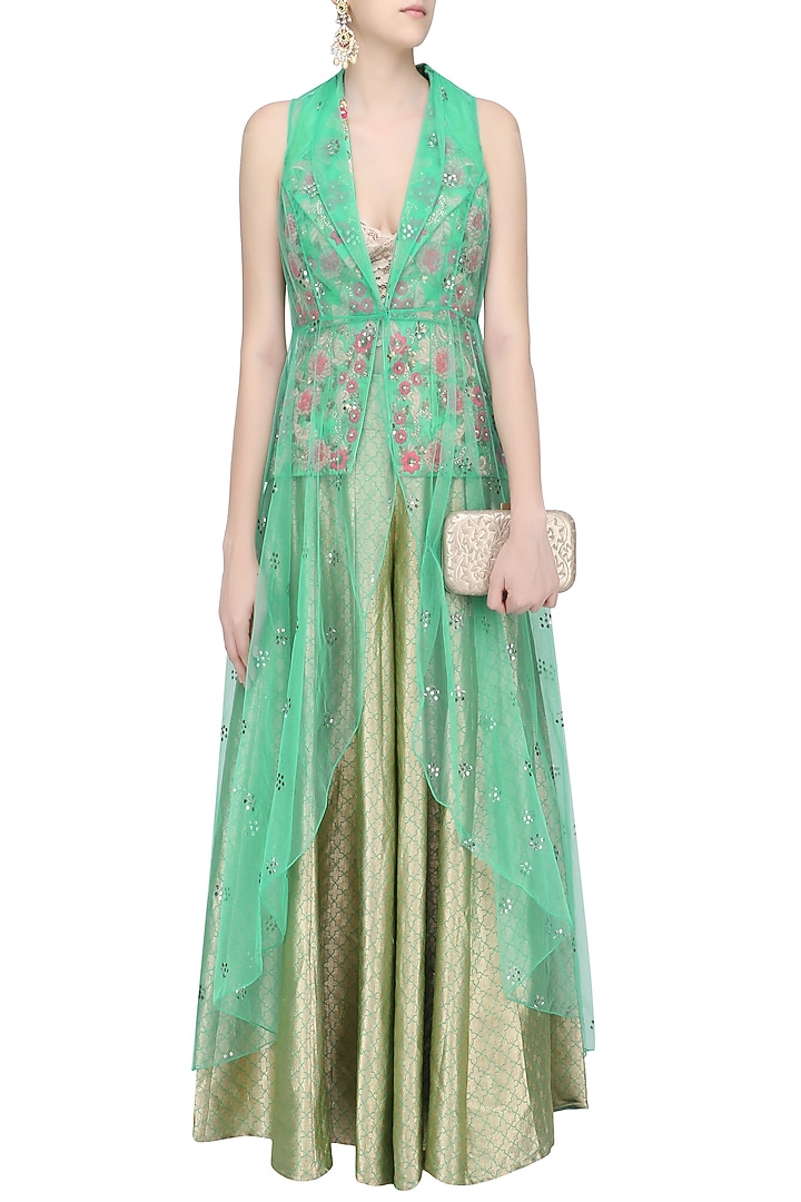 Green floral embroidered jacket and sharara pants set available only at Pernia's Pop Up Shop.