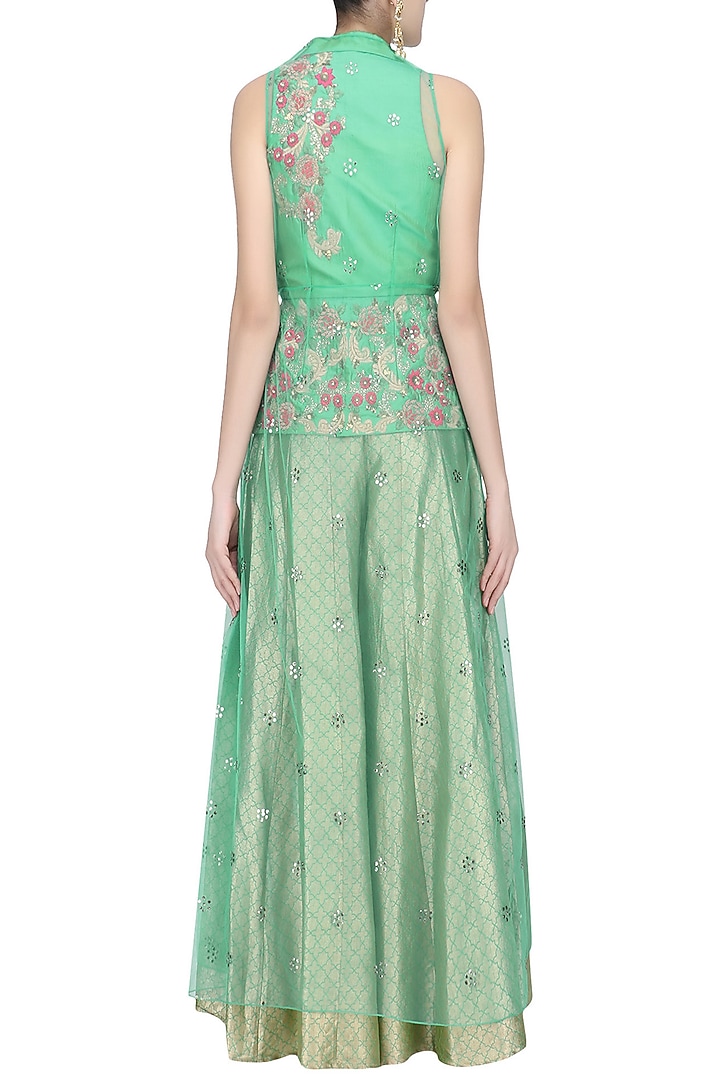Green floral embroidered jacket and sharara pants set available only at Pernia's Pop Up Shop.