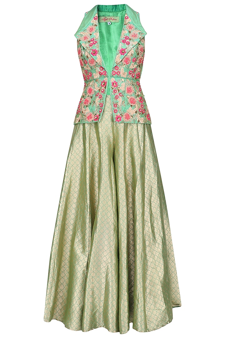 Green floral embroidered jacket and sharara pants set available only at Pernia's Pop Up Shop.