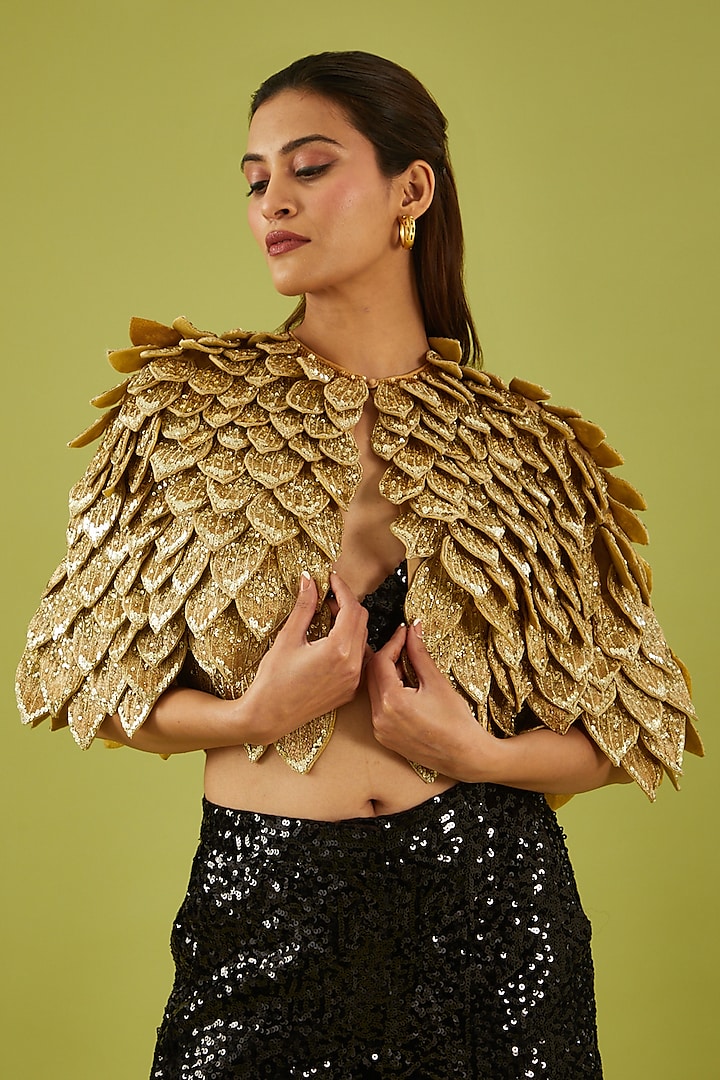 Gold Sequins Georgette Embroidered Cape by Rahul Mishra