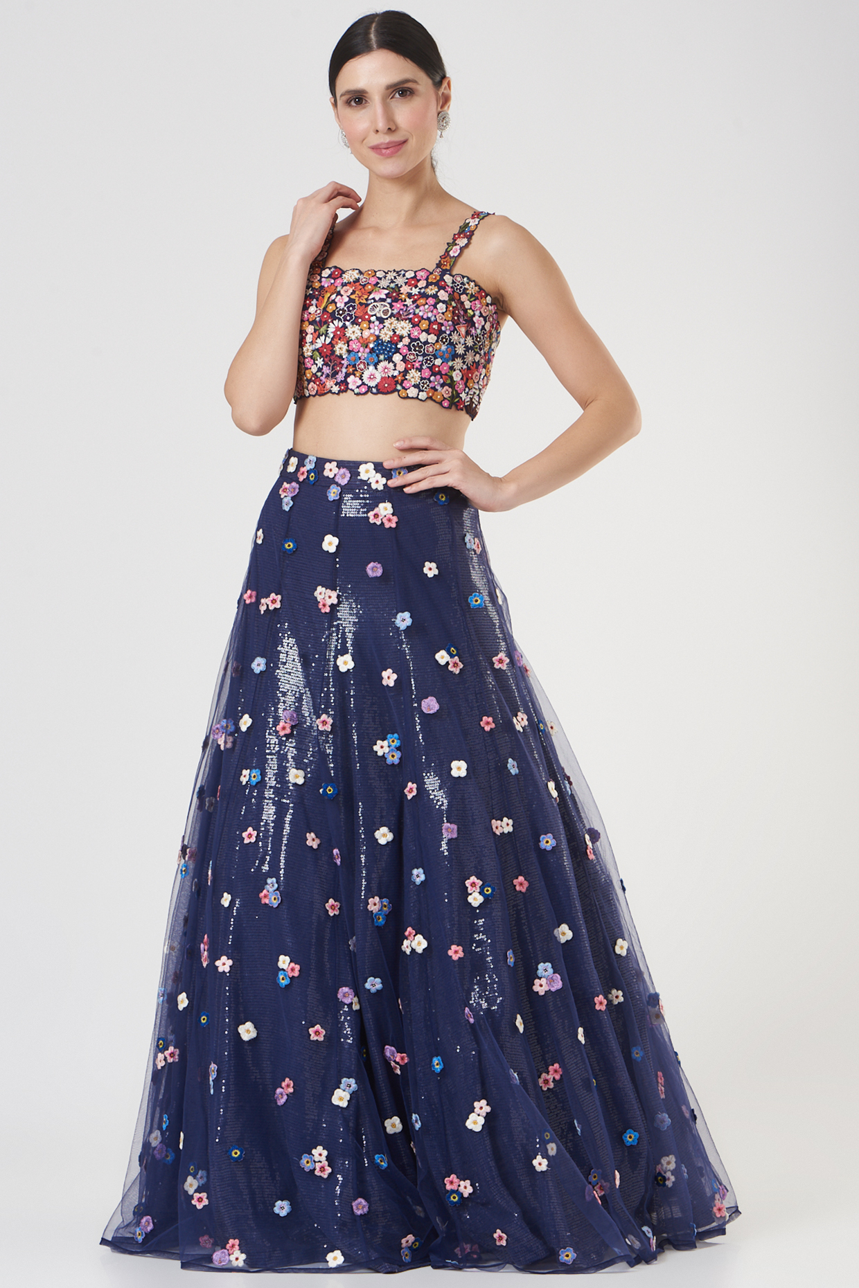 Dark Blue Hand Embroidered Bridal Lehenga Set by Rahul Mishra at Pernia's Pop Up Shop