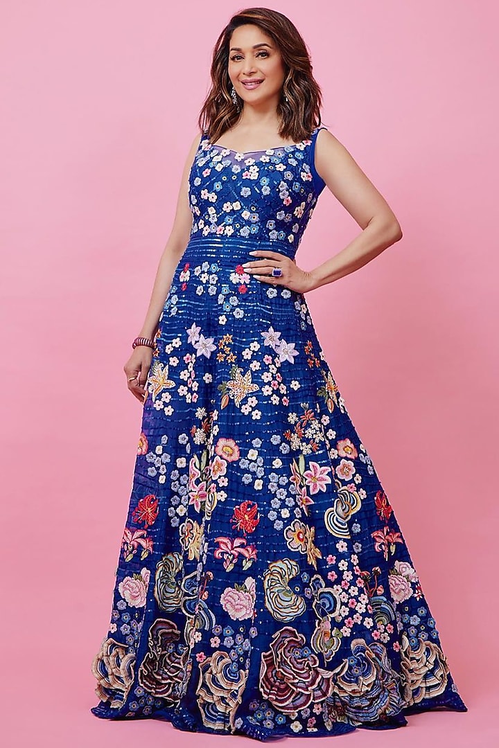 Blue Truffle Decollage Hand Embroidered Gown by Rahul Mishra