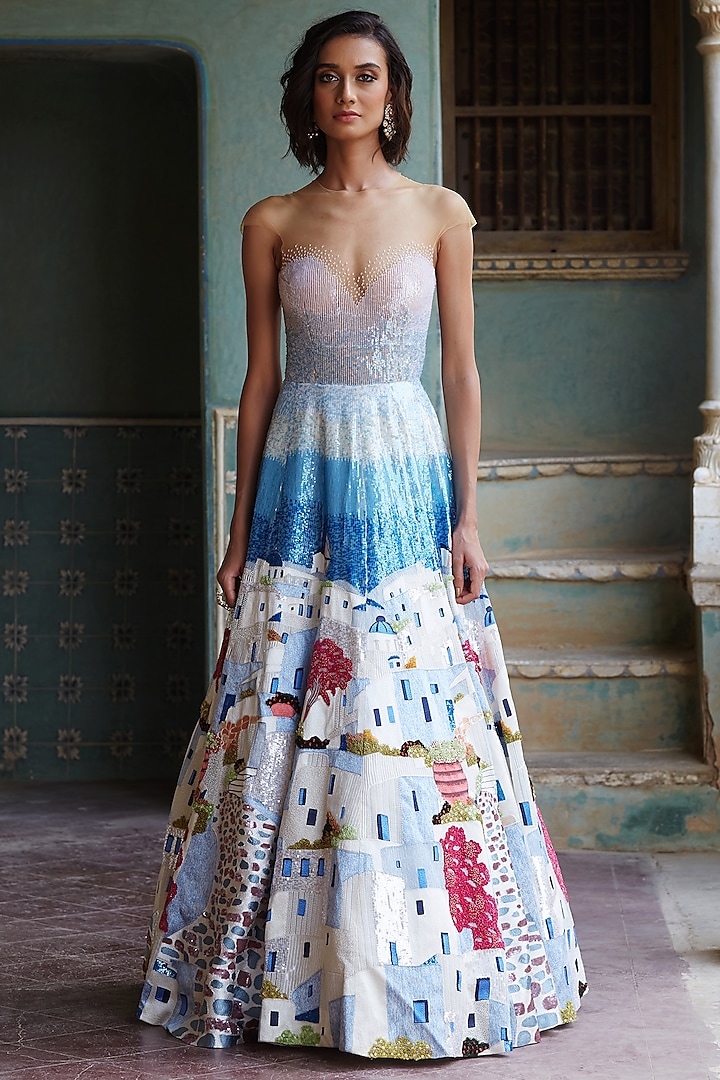 Multi Colored Santorini Hand Embroidered Gown by Rahul Mishra