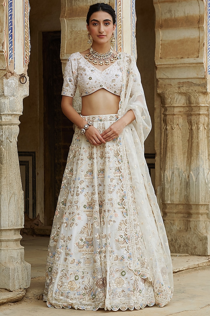 Ivory Gold Gul-E-Bahar Hand Embroidered Bridal Lehenga Set by
